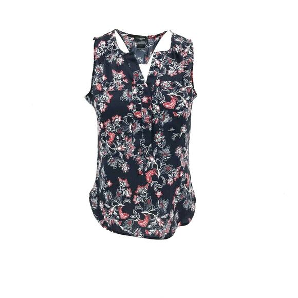 Ann Taylor Tops - Ann Taylor Women's Floral Print Sleeveless 1/4 Button Up Blouse Sz XSP Navy Blue